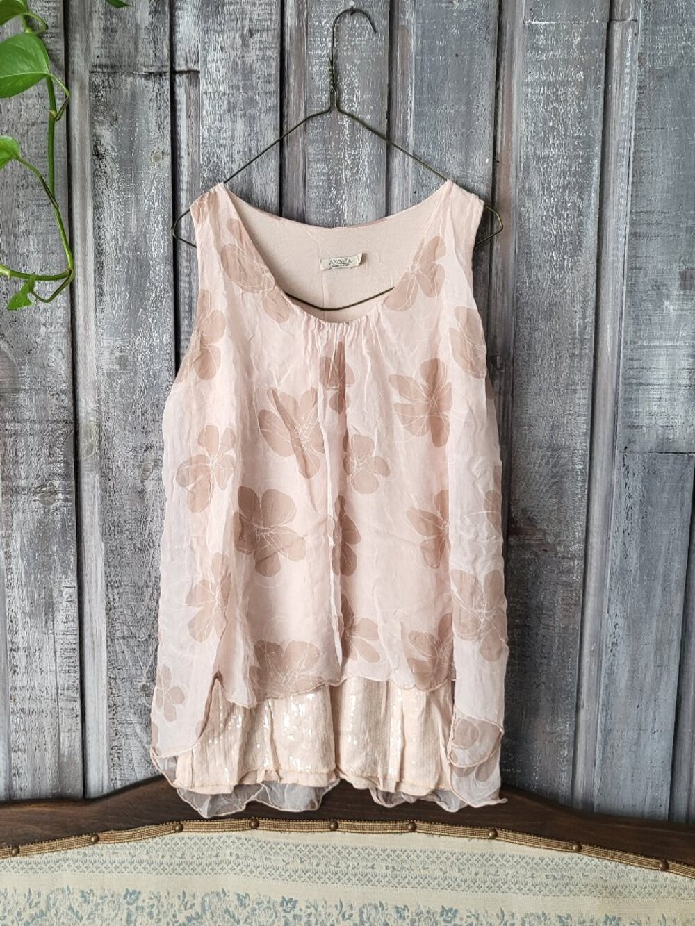 Angela Made In Italy 100% Silk Floral Sequin Layered Sleeveless Blouse Top S